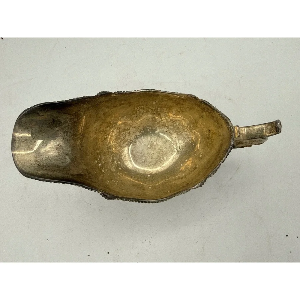 Vintage Silver Plated Footed Gravy Boat Scrolled Handle Tarnished Scalloped Base